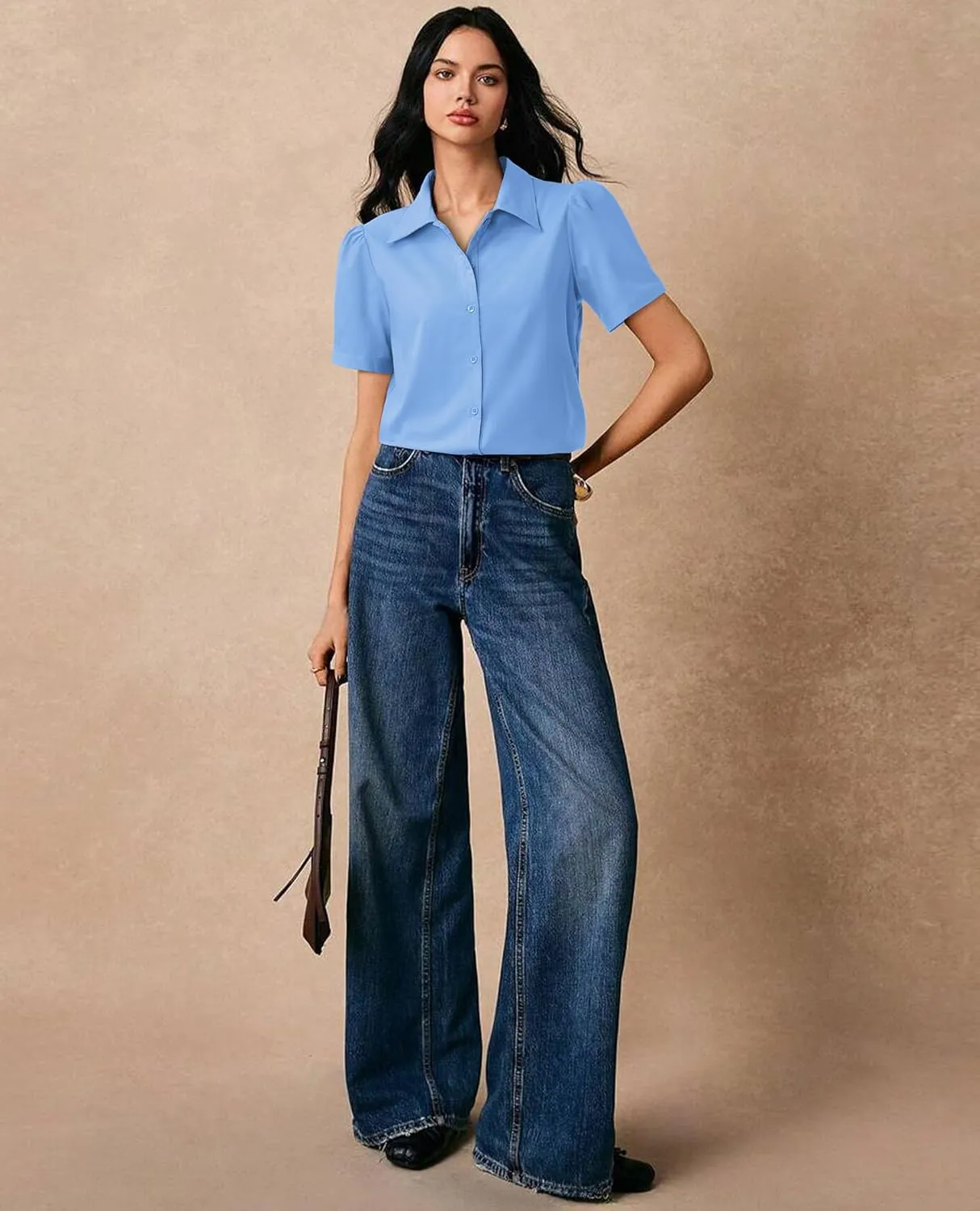 Button Down Shirts for Women Puff Short Sleeve Button Up Dress Shirts Collared Fitted Blouse Work Business Top