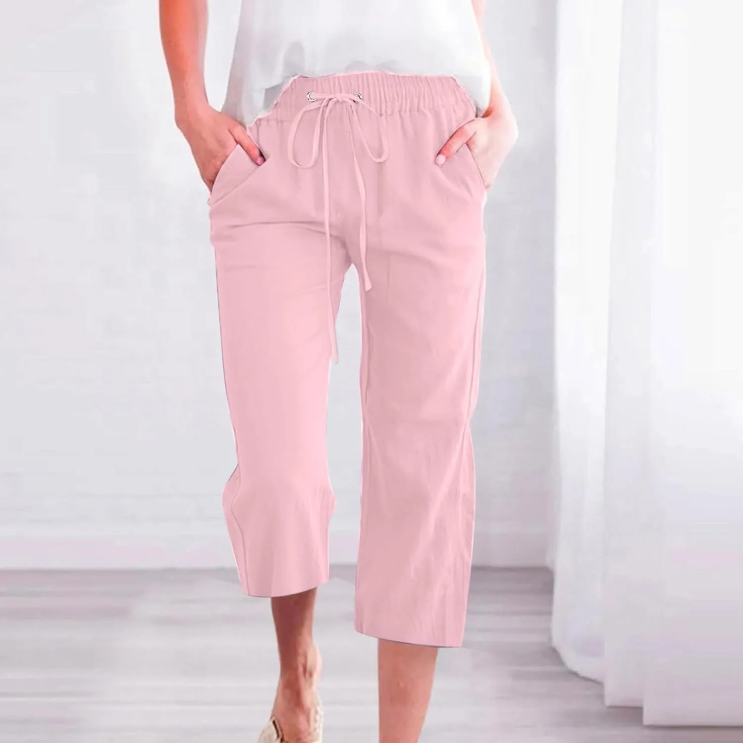 Capri Pants for Women Casual 2025 Summer Drawstring Elastic High Waist Linen Pant Straight Wide Leg Cropped Trouser