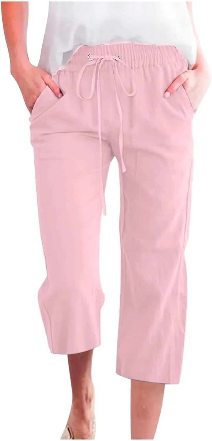 Capri Pants for Women Casual 2025 Summer Drawstring Elastic High Waist Linen Pant Straight Wide Leg Cropped Trouser