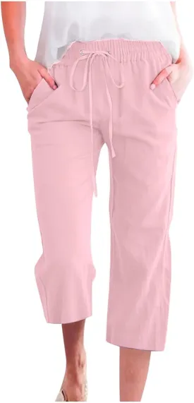 Capri Pants for Women Casual 2025 Summer Drawstring Elastic High Waist Linen Pant Straight Wide Leg Cropped Trouser
