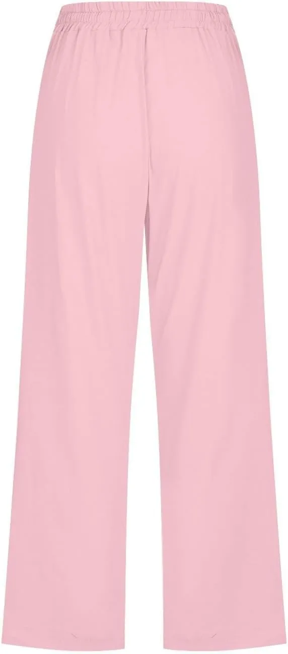 Capri Pants for Women Casual 2025 Summer Drawstring Elastic High Waist Linen Pant Straight Wide Leg Cropped Trouser