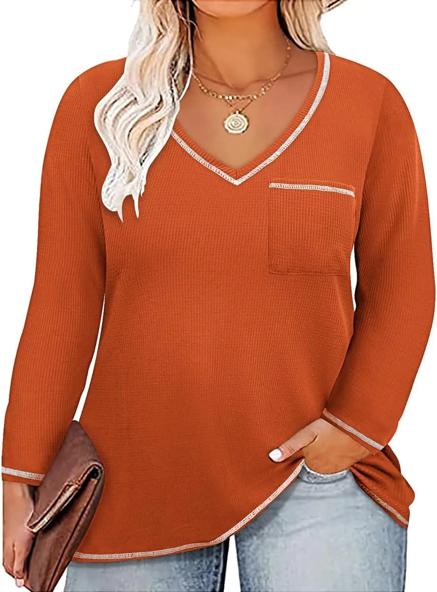 CARCOS Plus Size Tops for Women Long Sleeve Raglan V Neck T Shirts Tunic Fall Blouse Xl-5Xl 14W -28W