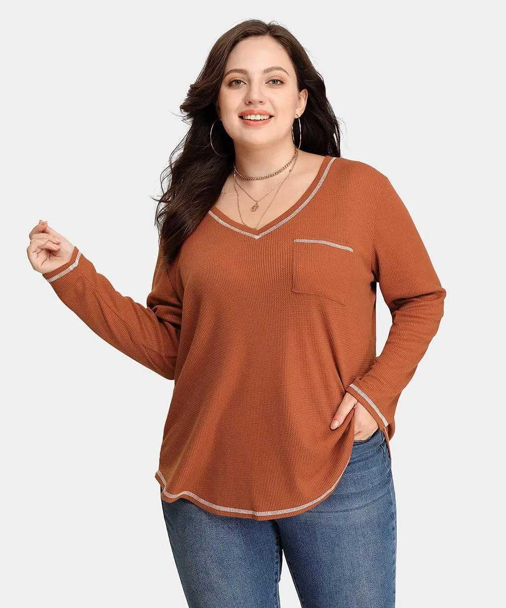 CARCOS Plus Size Tops for Women Long Sleeve Raglan V Neck T Shirts Tunic Fall Blouse Xl-5Xl 14W -28W