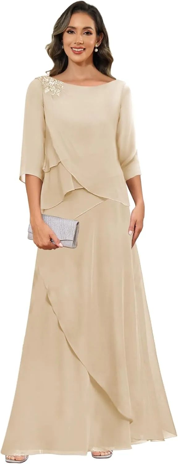 Chiffon Mother of The Bride Dresses for Women with Sleeves Lace Long Evening Gowns