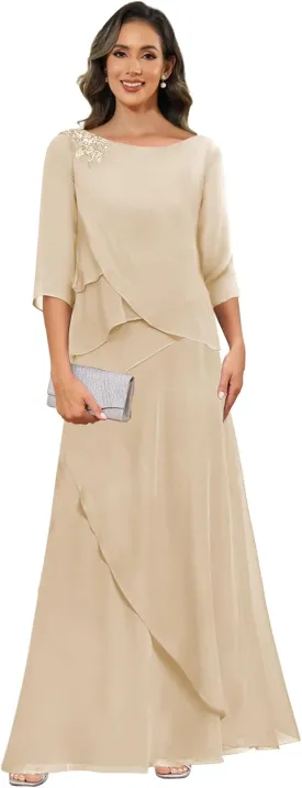 Chiffon Mother of The Bride Dresses for Women with Sleeves Lace Long Evening Gowns