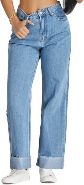 Cicy Bell Womens High Waisted Boyfriend Jeans Cuffed Raw Straight Leg Baggy Denim Pants with Pockets
