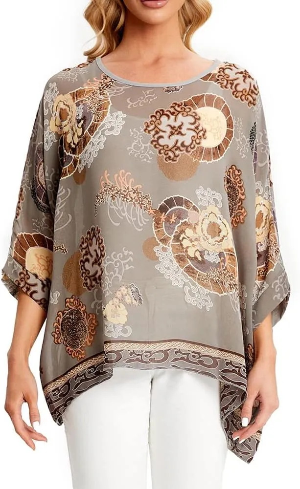 Ckikiou Womens Batwing Loose Chiffon Summer Blouse Tunic Floral Printed Boho Beach Cover ups