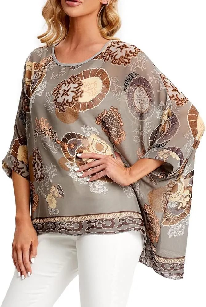 Ckikiou Womens Batwing Loose Chiffon Summer Blouse Tunic Floral Printed Boho Beach Cover ups