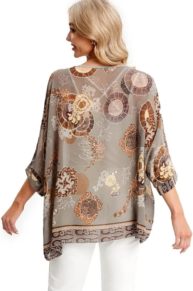 Ckikiou Womens Batwing Loose Chiffon Summer Blouse Tunic Floral Printed Boho Beach Cover ups