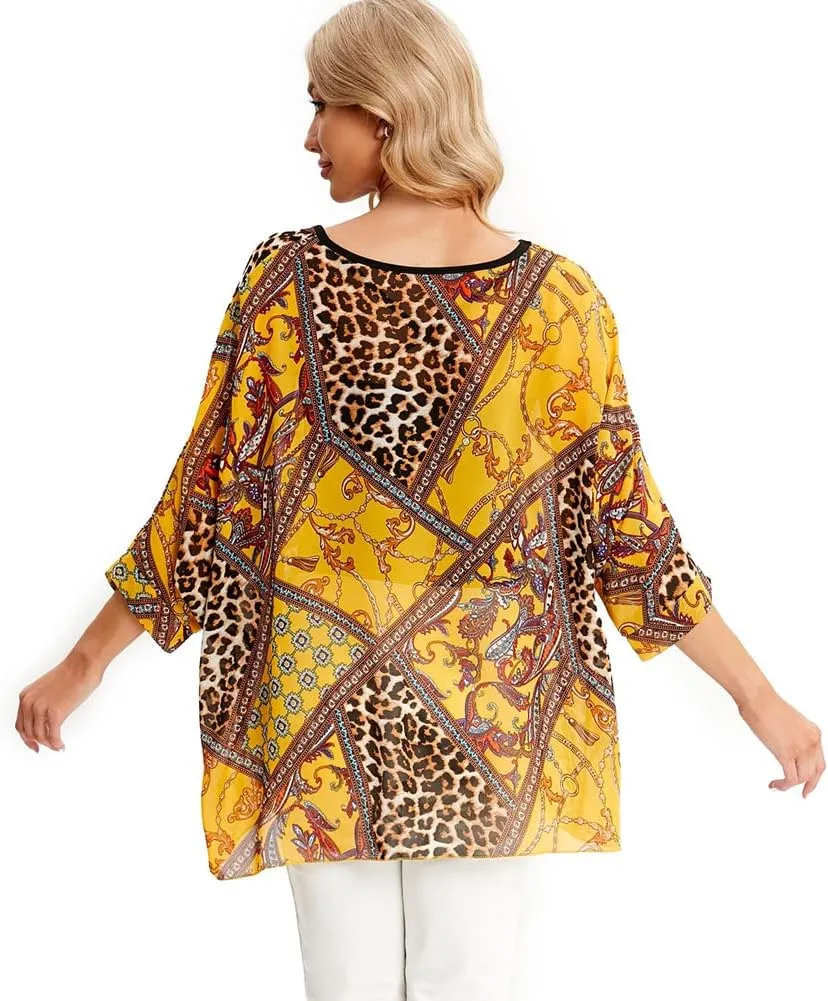 Ckikiou Womens Batwing Loose Chiffon Summer Blouse Tunic Floral Printed Boho Beach Cover ups