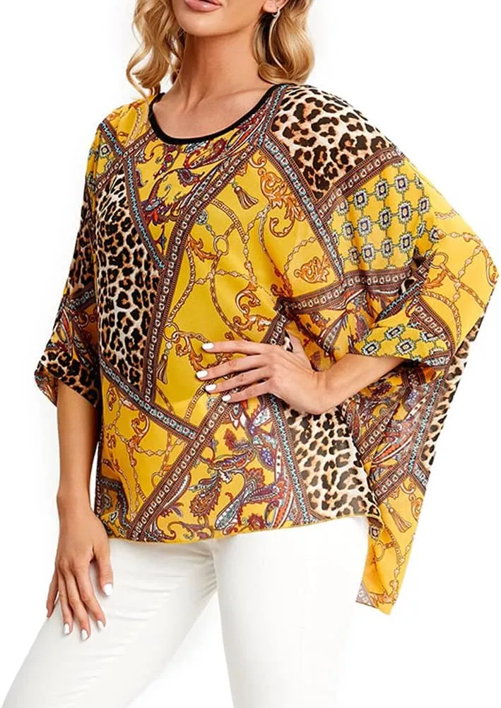 Ckikiou Womens Batwing Loose Chiffon Summer Blouse Tunic Floral Printed Boho Beach Cover ups