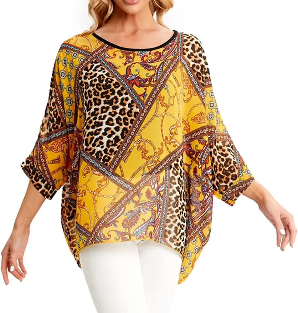 Ckikiou Womens Batwing Loose Chiffon Summer Blouse Tunic Floral Printed Boho Beach Cover ups