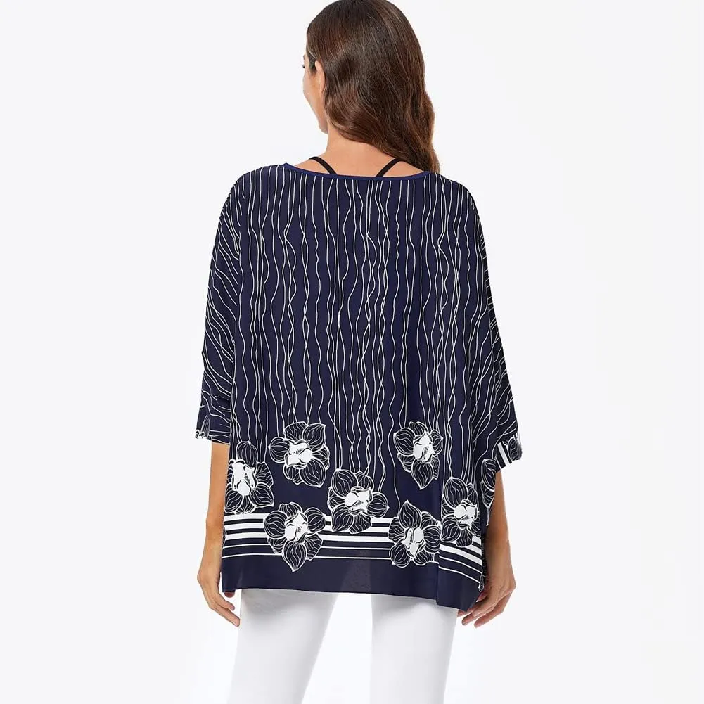 Ckikiou Womens Batwing Loose Chiffon Summer Blouse Tunic Floral Printed Boho Beach Cover ups