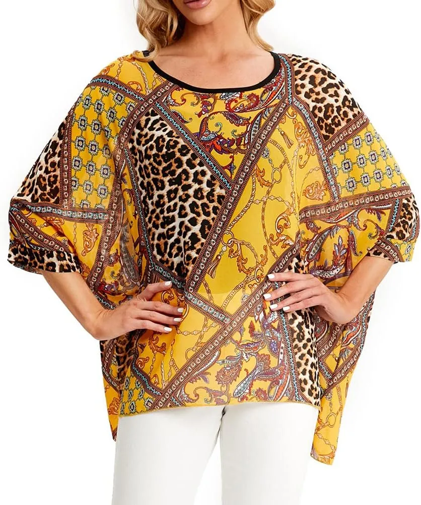 Ckikiou Womens Batwing Loose Chiffon Summer Blouse Tunic Floral Printed Boho Beach Cover ups