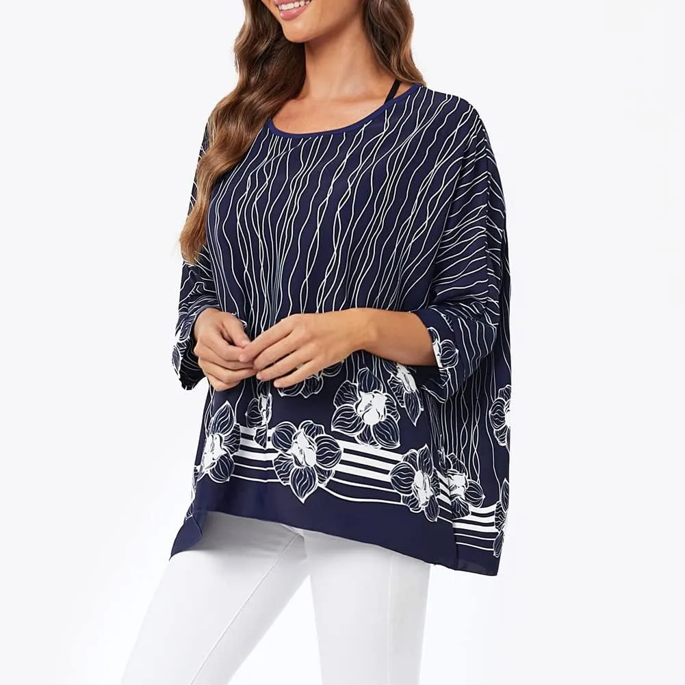 Ckikiou Womens Batwing Loose Chiffon Summer Blouse Tunic Floral Printed Boho Beach Cover ups