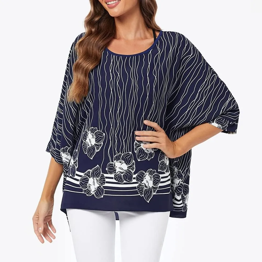 Ckikiou Womens Batwing Loose Chiffon Summer Blouse Tunic Floral Printed Boho Beach Cover ups