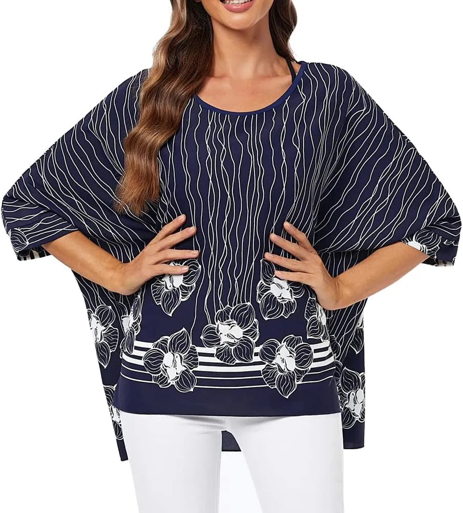 Ckikiou Womens Batwing Loose Chiffon Summer Blouse Tunic Floral Printed Boho Beach Cover ups