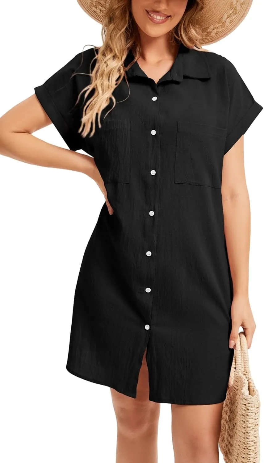 Cocoinsity Women's Casual Cotton Linen Dress Button Down Short Sleeve V Neck Loose Dress Summer Tunic Mini Dresses