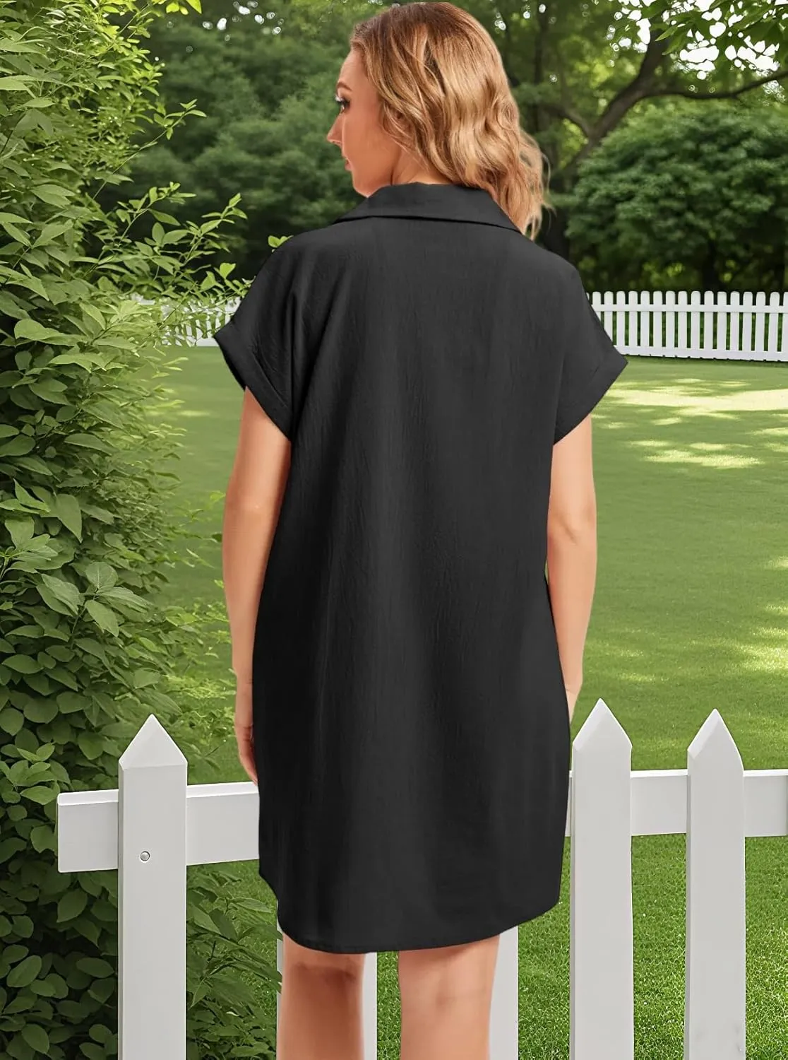 Cocoinsity Women's Casual Cotton Linen Dress Button Down Short Sleeve V Neck Loose Dress Summer Tunic Mini Dresses
