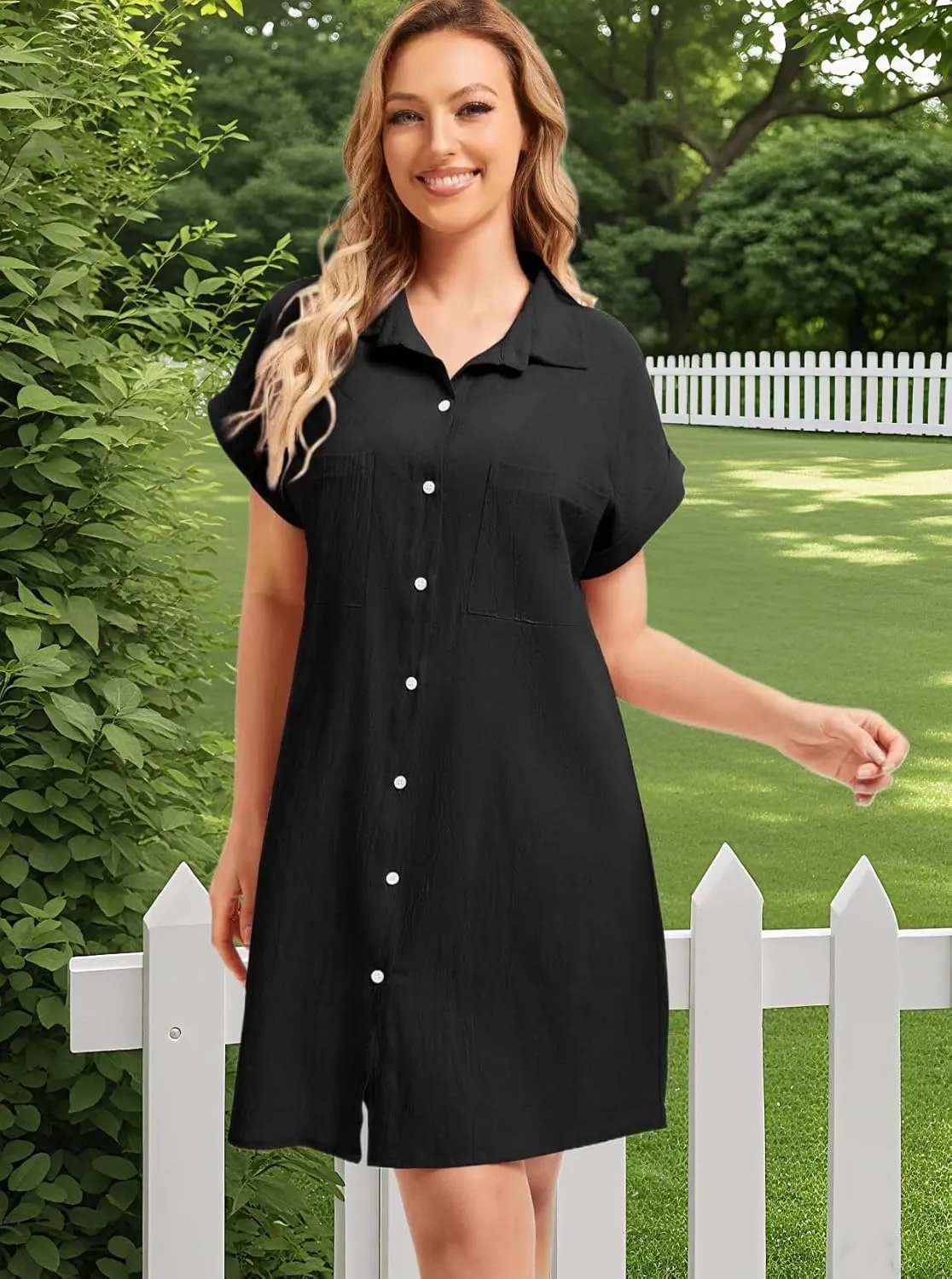 Cocoinsity Women's Casual Cotton Linen Dress Button Down Short Sleeve V Neck Loose Dress Summer Tunic Mini Dresses