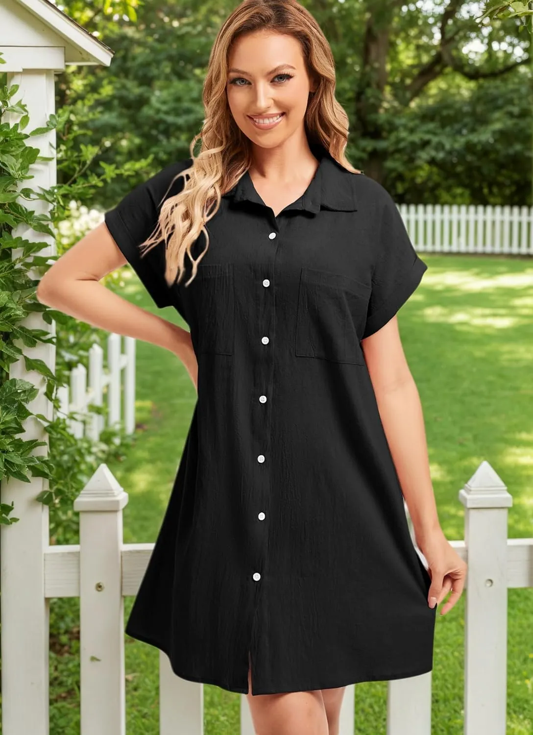 Cocoinsity Women's Casual Cotton Linen Dress Button Down Short Sleeve V Neck Loose Dress Summer Tunic Mini Dresses