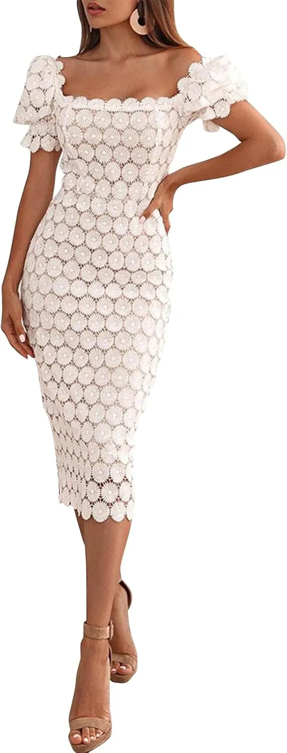 Cololura Elegant Sexy Floral Lace Short Sleeve Off Shoulder Evening Gown Party Formal Bodycon Midi Dress