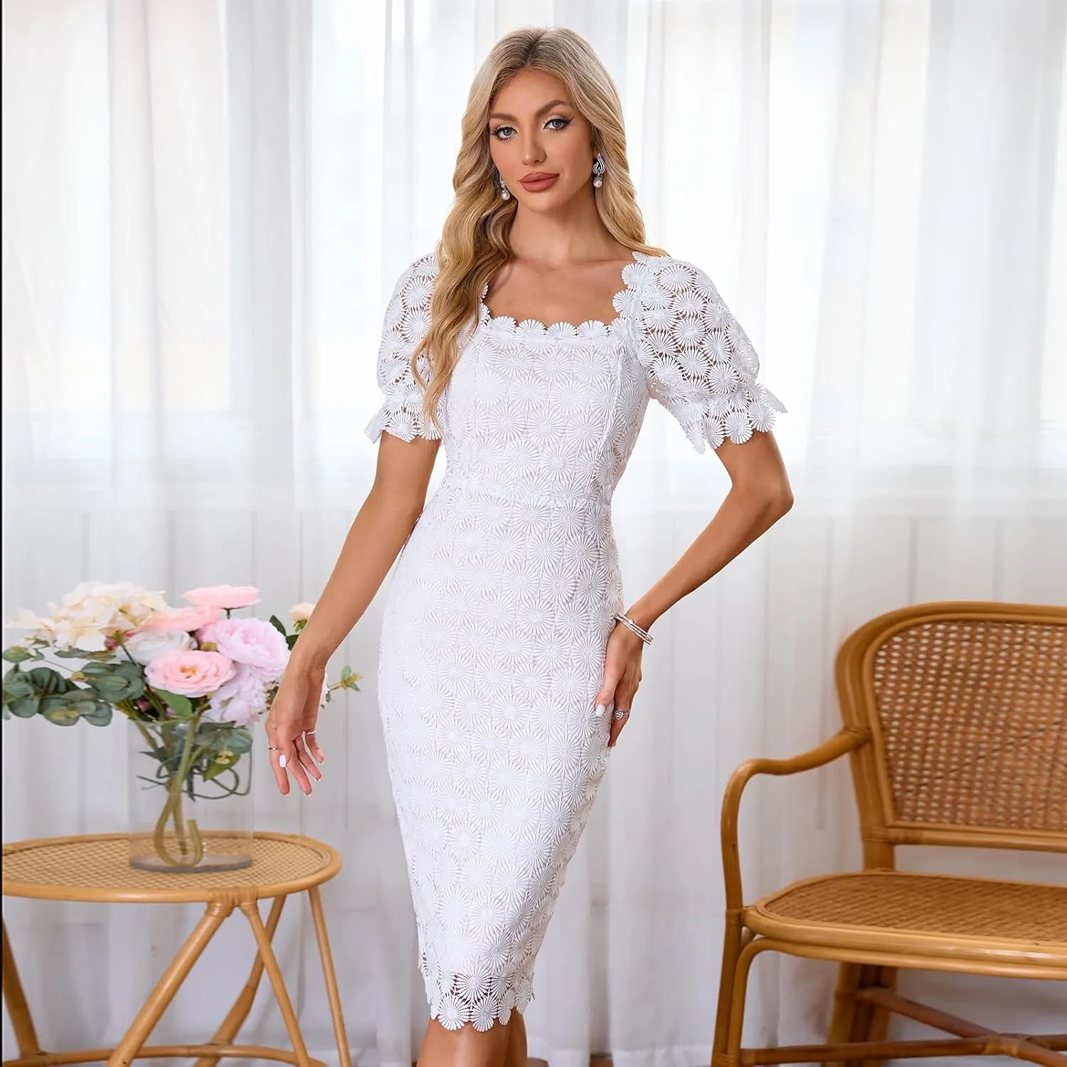 Cololura Elegant Sexy Floral Lace Short Sleeve Off Shoulder Evening Gown Party Formal Bodycon Midi Dress