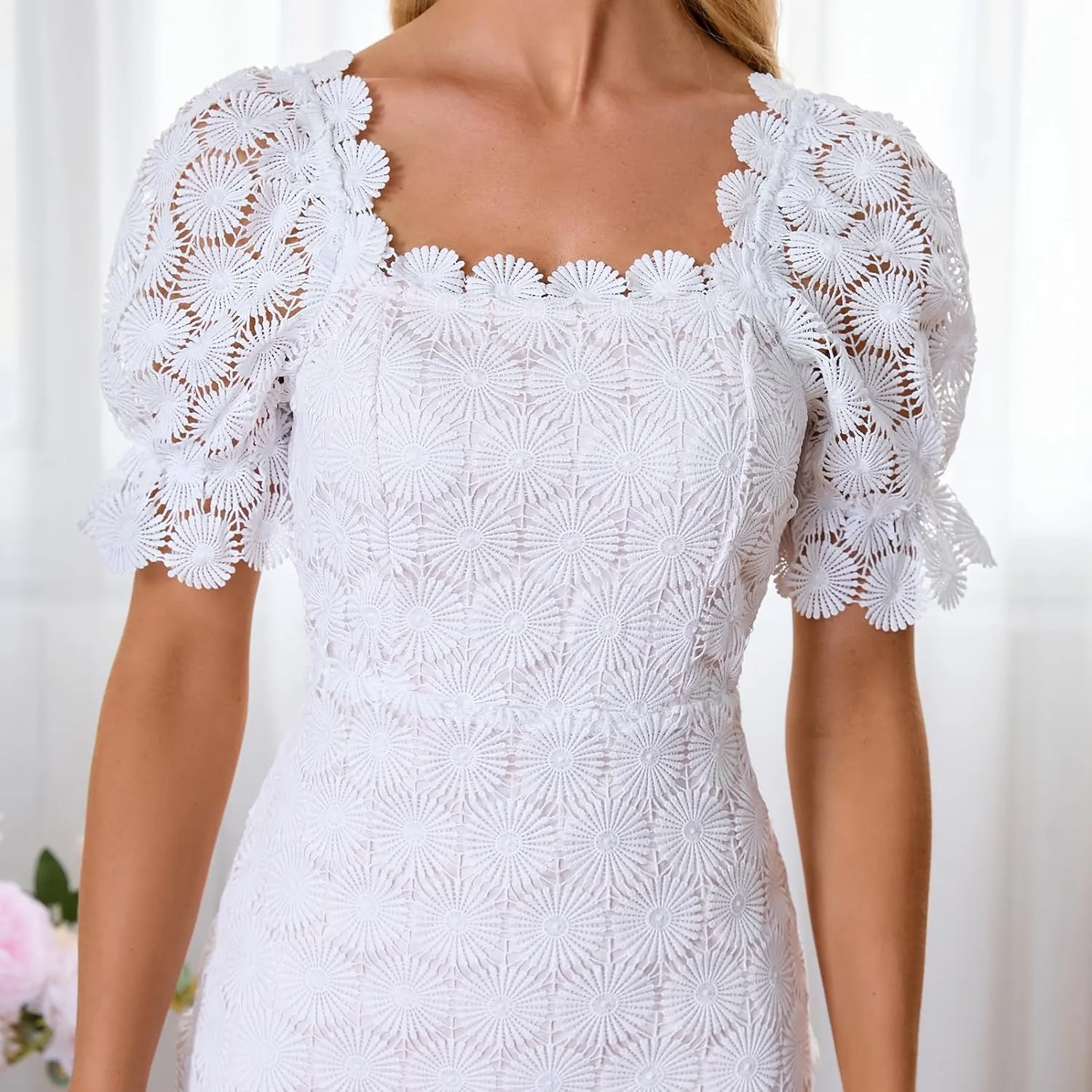 Cololura Elegant Sexy Floral Lace Short Sleeve Off Shoulder Evening Gown Party Formal Bodycon Midi Dress