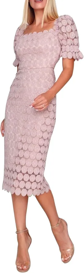 Cololura Elegant Sexy Floral Lace Short Sleeve Off Shoulder Evening Gown Party Formal Bodycon Midi Dress