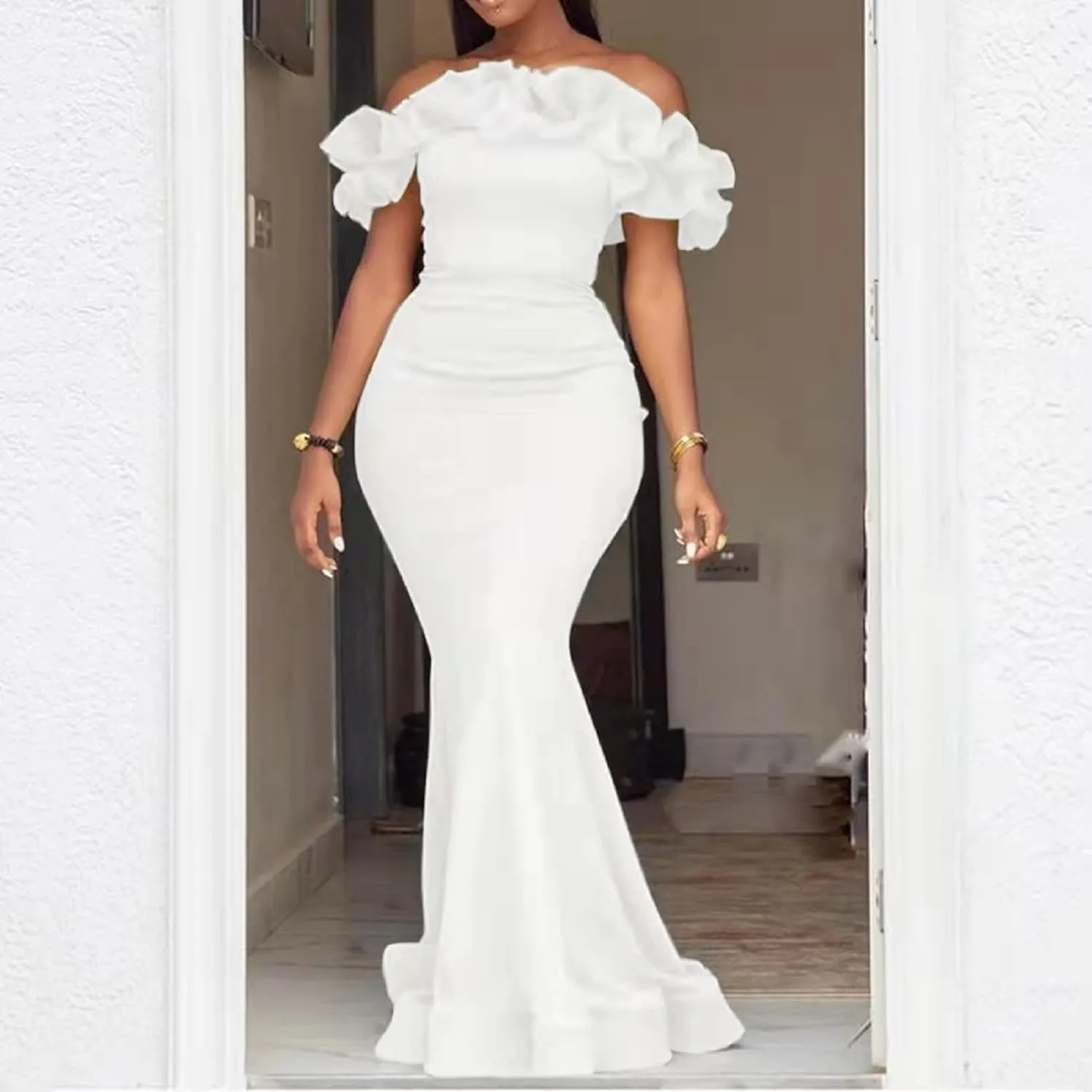Cololura Sexy Floor-Length Off Shoulder Ruffles Stringy Selvedge Mermaid Bodycon Party Evening Maxi Dress