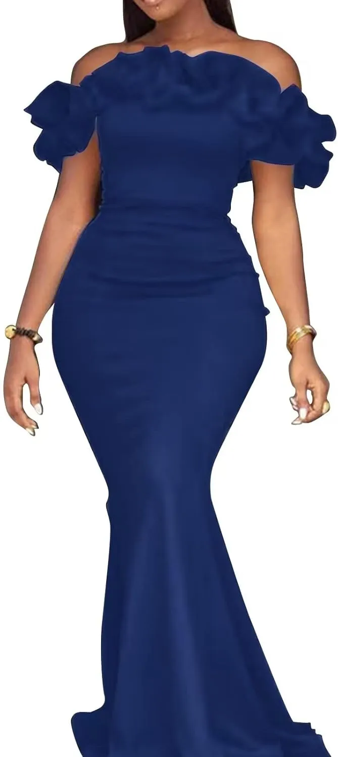 Cololura Sexy Floor-Length Off Shoulder Ruffles Stringy Selvedge Mermaid Bodycon Party Evening Maxi Dress
