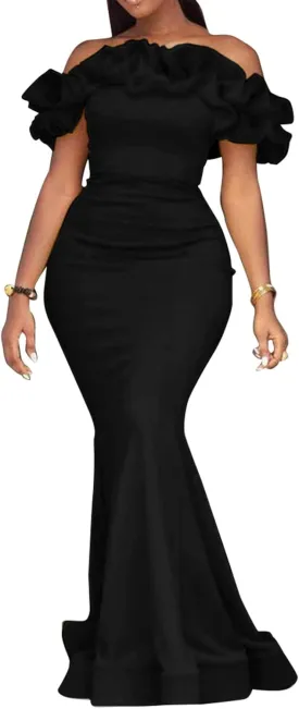 Cololura Sexy Floor-Length Off Shoulder Ruffles Stringy Selvedge Mermaid Bodycon Party Evening Maxi Dress
