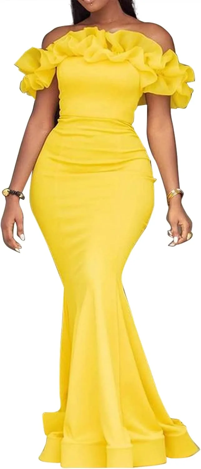 Cololura Sexy Floor-Length Off Shoulder Ruffles Stringy Selvedge Mermaid Bodycon Party Evening Maxi Dress
