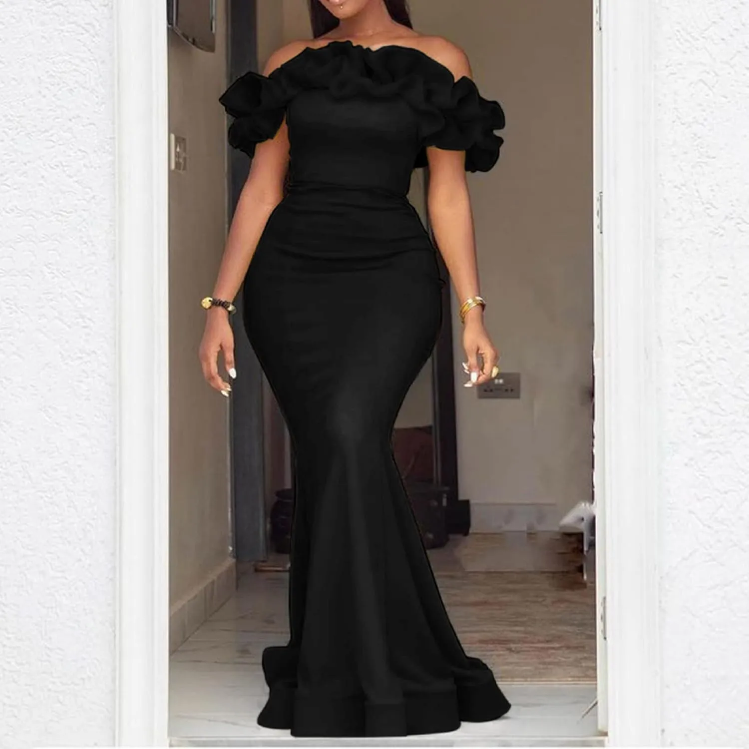 Cololura Sexy Floor-Length Off Shoulder Ruffles Stringy Selvedge Mermaid Bodycon Party Evening Maxi Dress