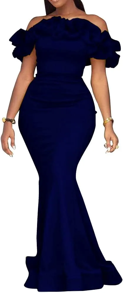 Cololura Sexy Floor-Length Off Shoulder Ruffles Stringy Selvedge Mermaid Bodycon Party Evening Maxi Dress