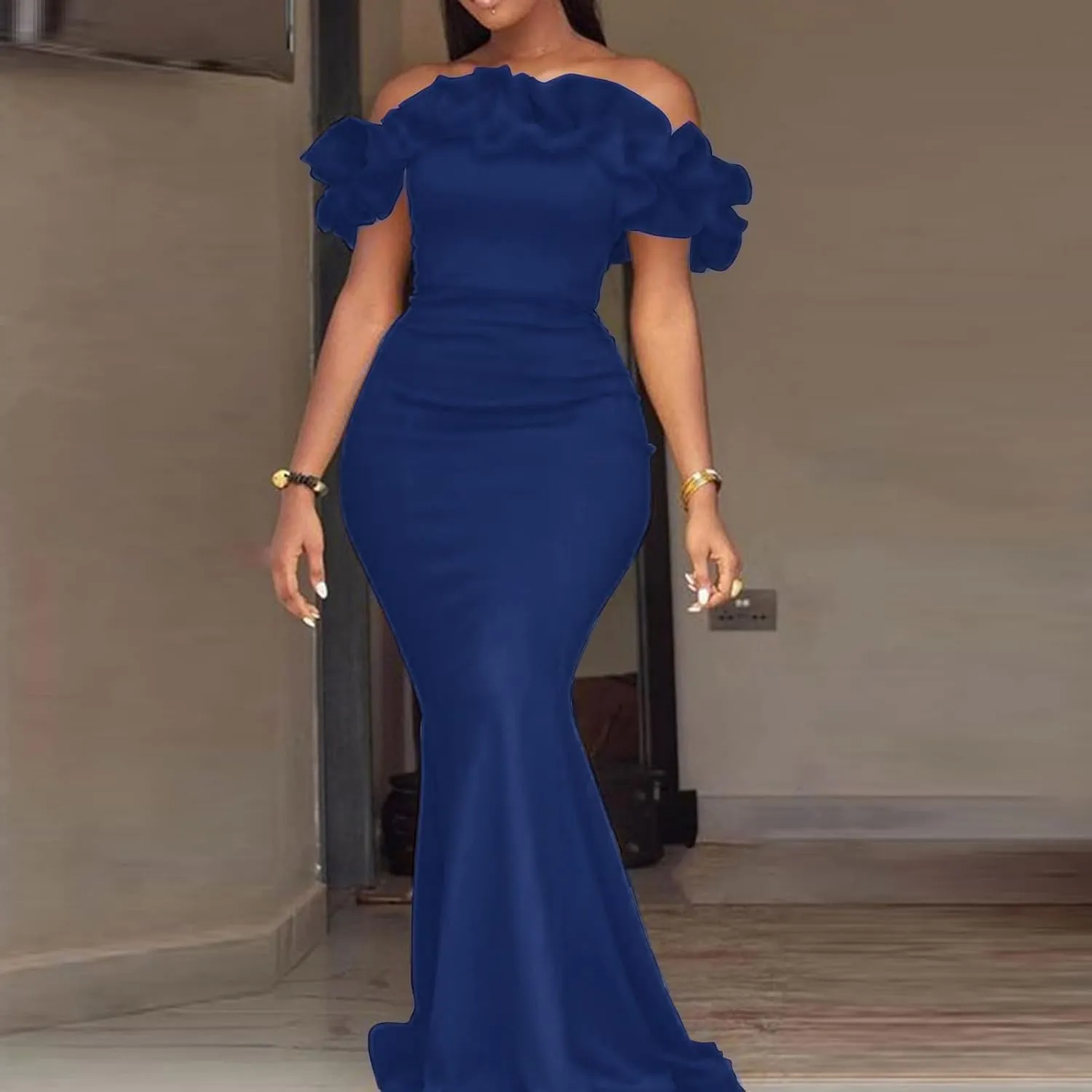 Cololura Sexy Floor-Length Off Shoulder Ruffles Stringy Selvedge Mermaid Bodycon Party Evening Maxi Dress