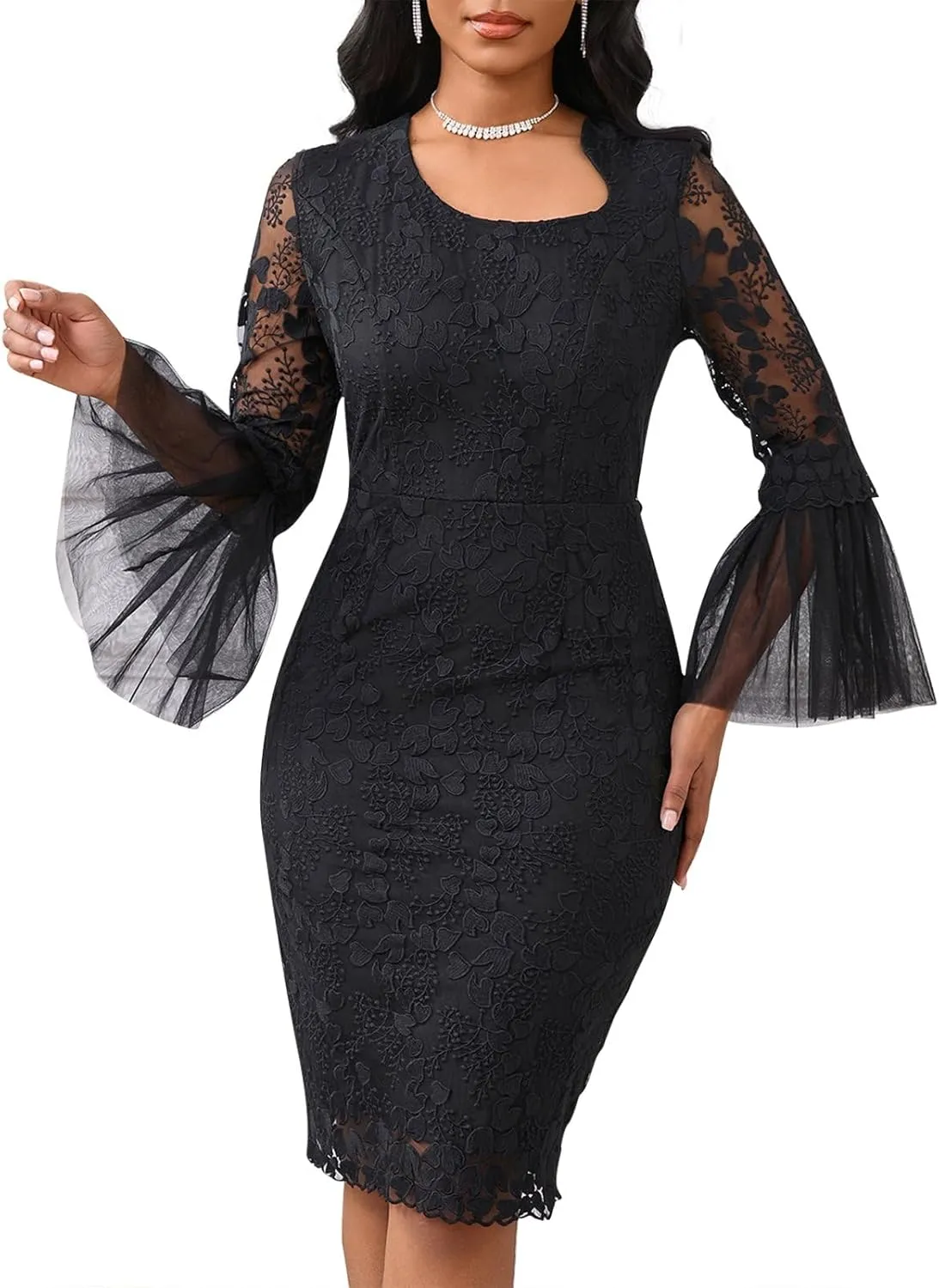 Cololura Women Elegant Sexy Floral Lace Patchwork Long Sleeve Flared Formal Evening Gown Party Cocktail Midi Dress