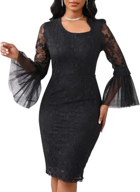 Cololura Women Elegant Sexy Floral Lace Patchwork Long Sleeve Flared Formal Evening Gown Party Cocktail Midi Dress