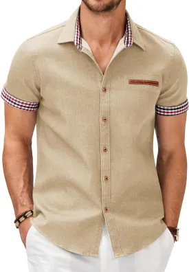 COOFANDY Men's Casual Cotton Short Sleeve Button Down Dress Shirt Plaid Collar Denim Work Shirts
