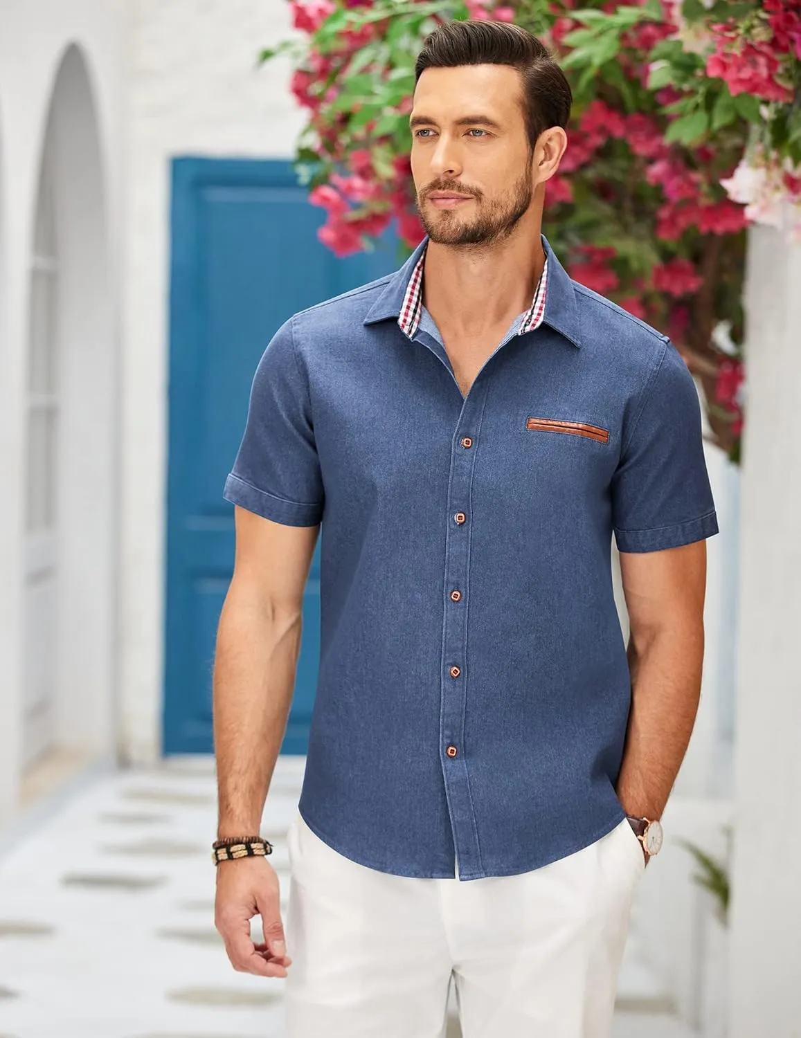 COOFANDY Men's Casual Cotton Short Sleeve Button Down Dress Shirt Plaid Collar Denim Work Shirts