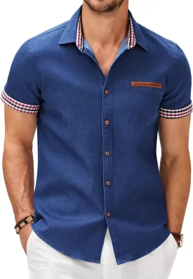 COOFANDY Men's Casual Cotton Short Sleeve Button Down Dress Shirt Plaid Collar Denim Work Shirts