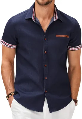 COOFANDY Men's Casual Cotton Short Sleeve Button Down Dress Shirt Plaid Collar Denim Work Shirts