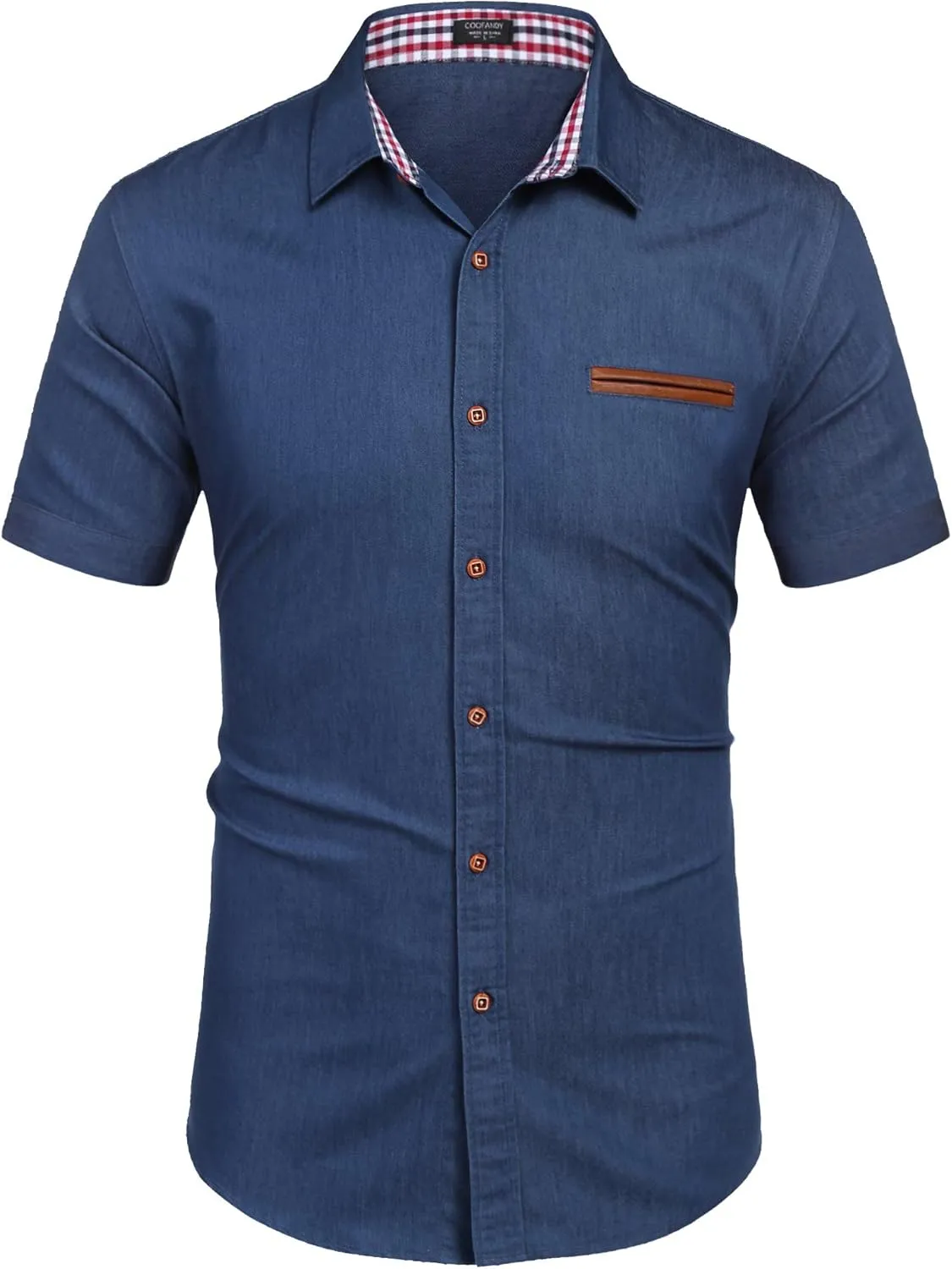 COOFANDY Men's Casual Cotton Short Sleeve Button Down Dress Shirt Plaid Collar Denim Work Shirts