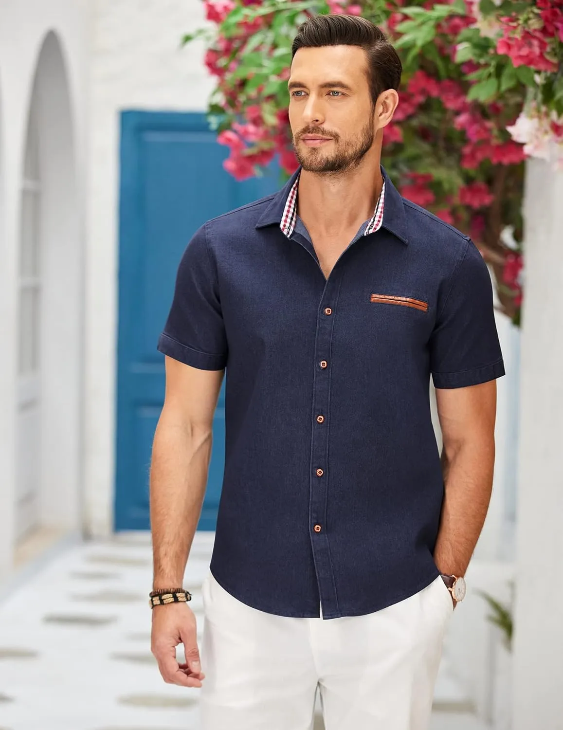 COOFANDY Men's Casual Cotton Short Sleeve Button Down Dress Shirt Plaid Collar Denim Work Shirts