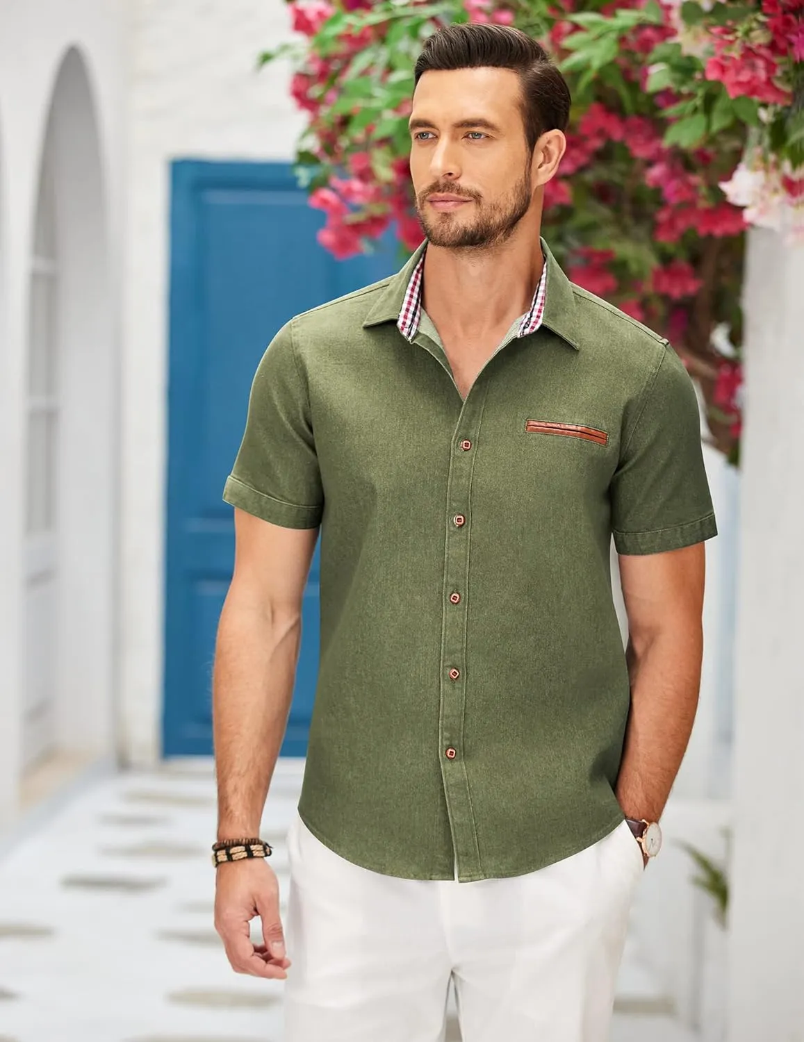 COOFANDY Men's Casual Cotton Short Sleeve Button Down Dress Shirt Plaid Collar Denim Work Shirts