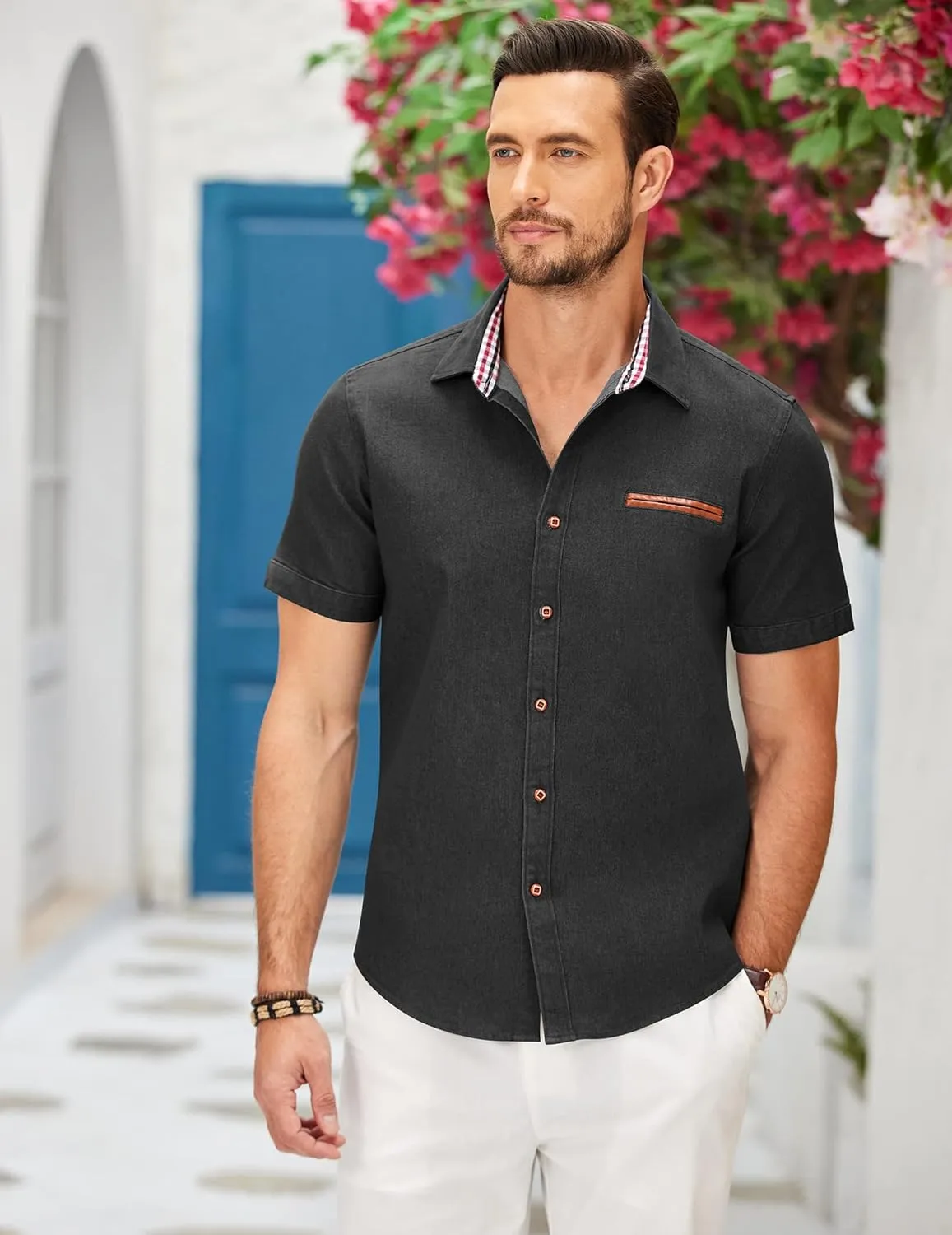 COOFANDY Men's Casual Cotton Short Sleeve Button Down Dress Shirt Plaid Collar Denim Work Shirts
