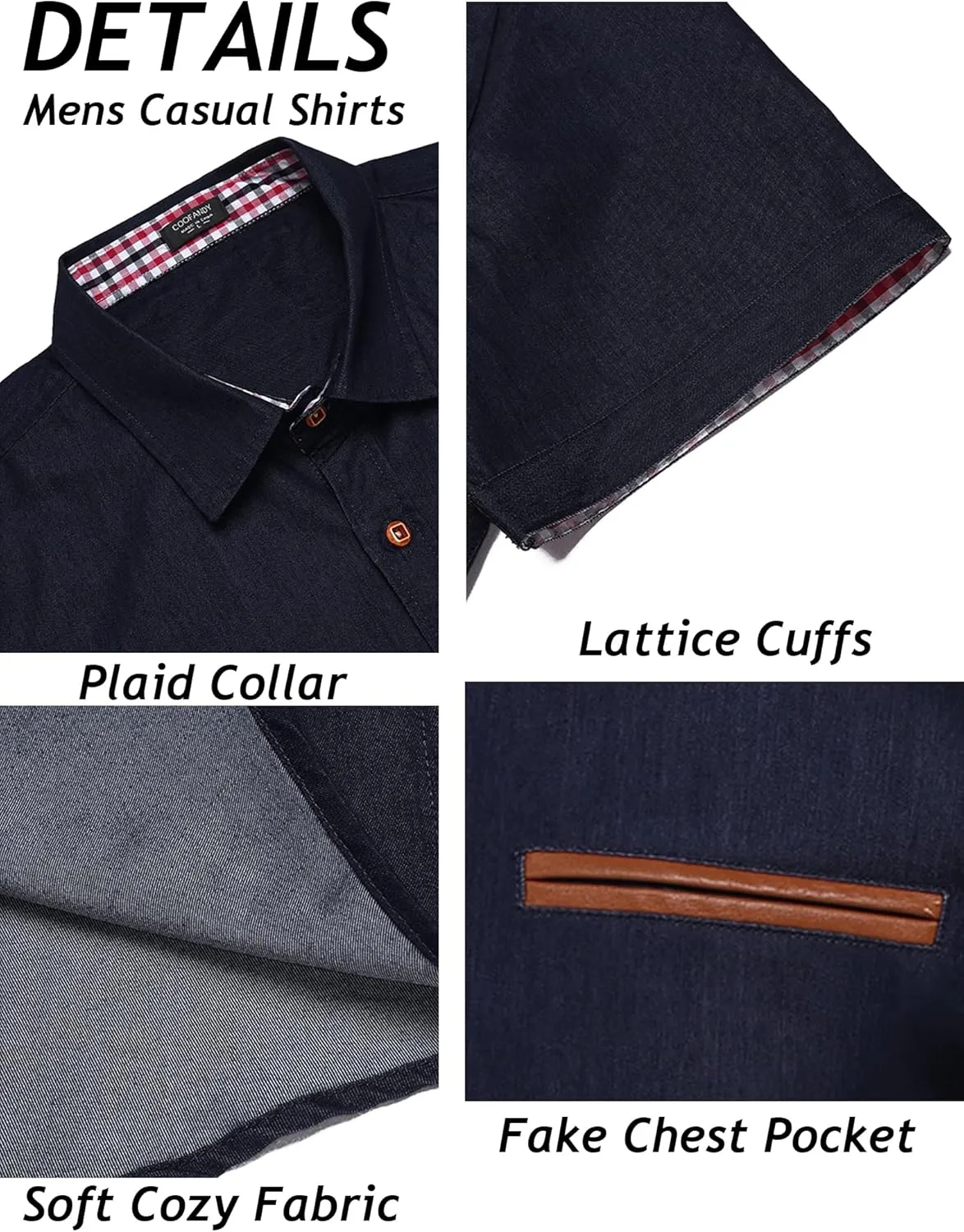 COOFANDY Men's Casual Cotton Short Sleeve Button Down Dress Shirt Plaid Collar Denim Work Shirts