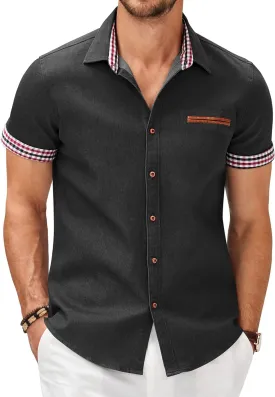 COOFANDY Men's Casual Cotton Short Sleeve Button Down Dress Shirt Plaid Collar Denim Work Shirts