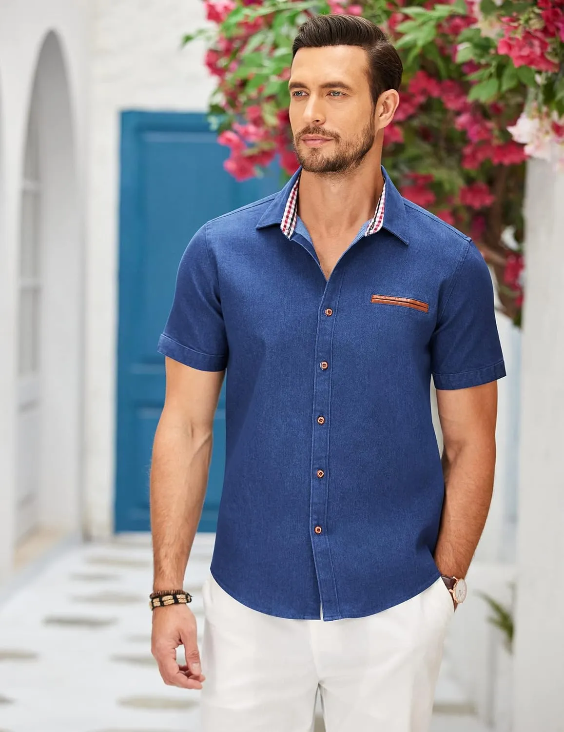 COOFANDY Men's Casual Cotton Short Sleeve Button Down Dress Shirt Plaid Collar Denim Work Shirts