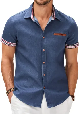COOFANDY Men's Casual Cotton Short Sleeve Button Down Dress Shirt Plaid Collar Denim Work Shirts